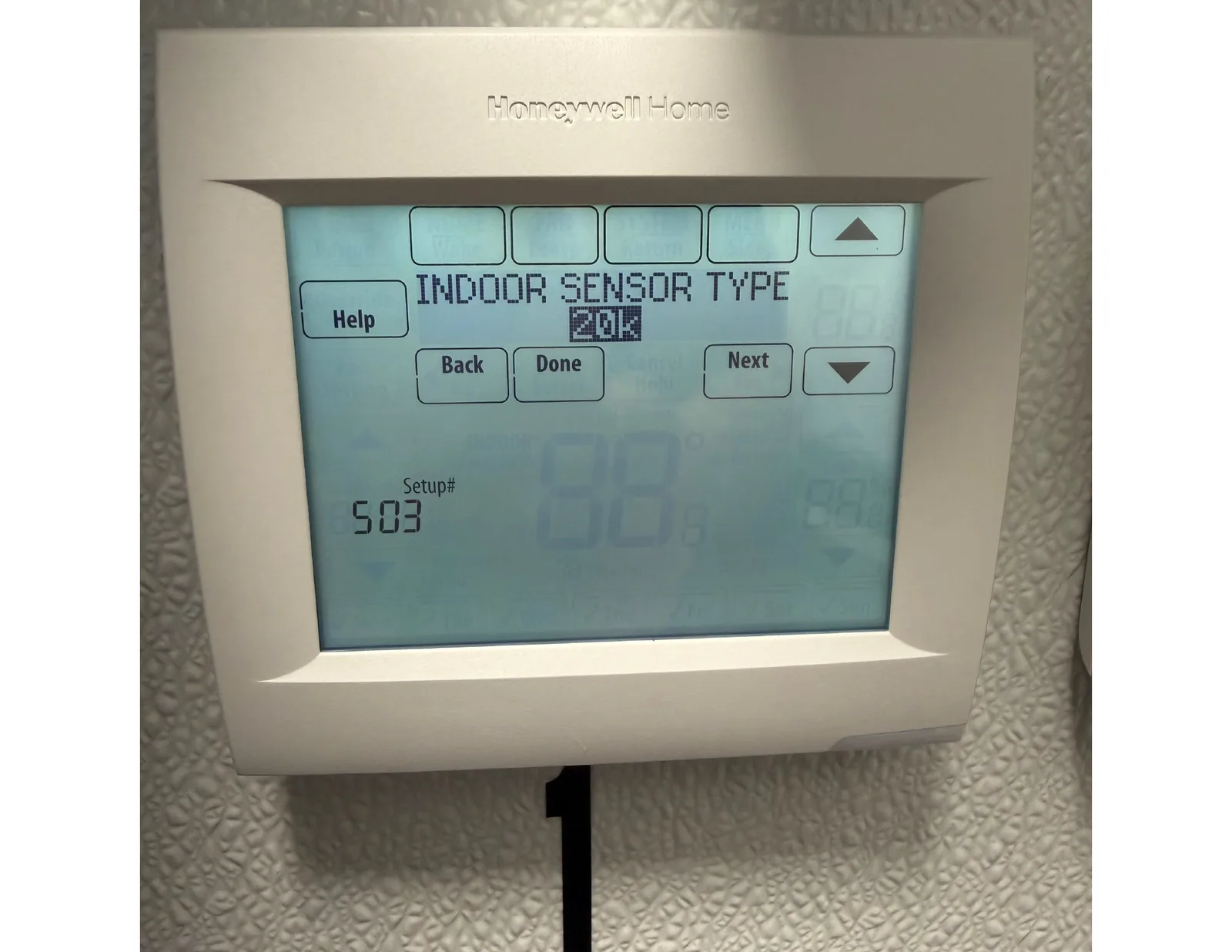 Commercial thermostat setup screen showing the Indoor Sensor Type incorrectly set to 20K instead of the installed 10K NTC remote sensor