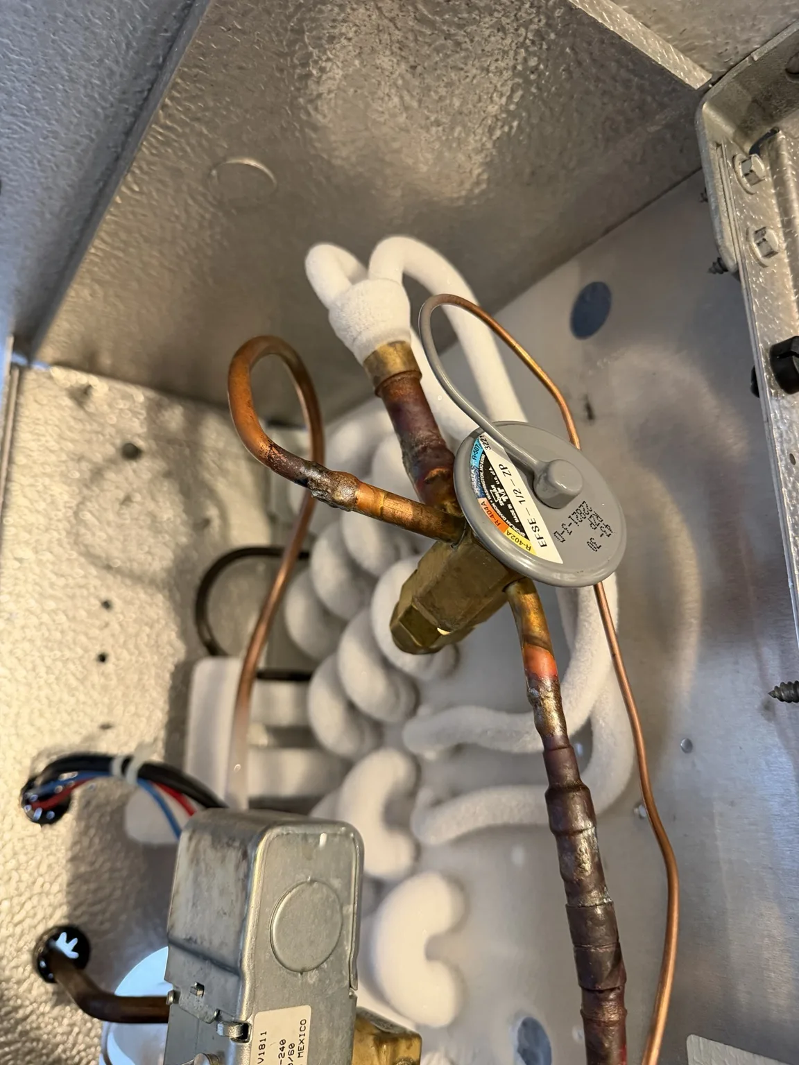 Frosted evaporator tubing and existing expansion valve inspected in a walk-in freezer